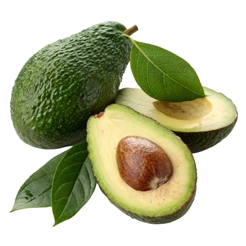 Fresh Whole Avocado with Halves and Green Leaves on, Studio Shot png