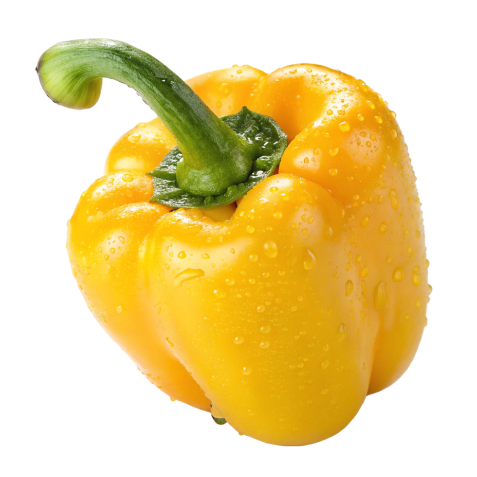 Fresh Yellow Bell Pepper with Stem and Water Droplets png