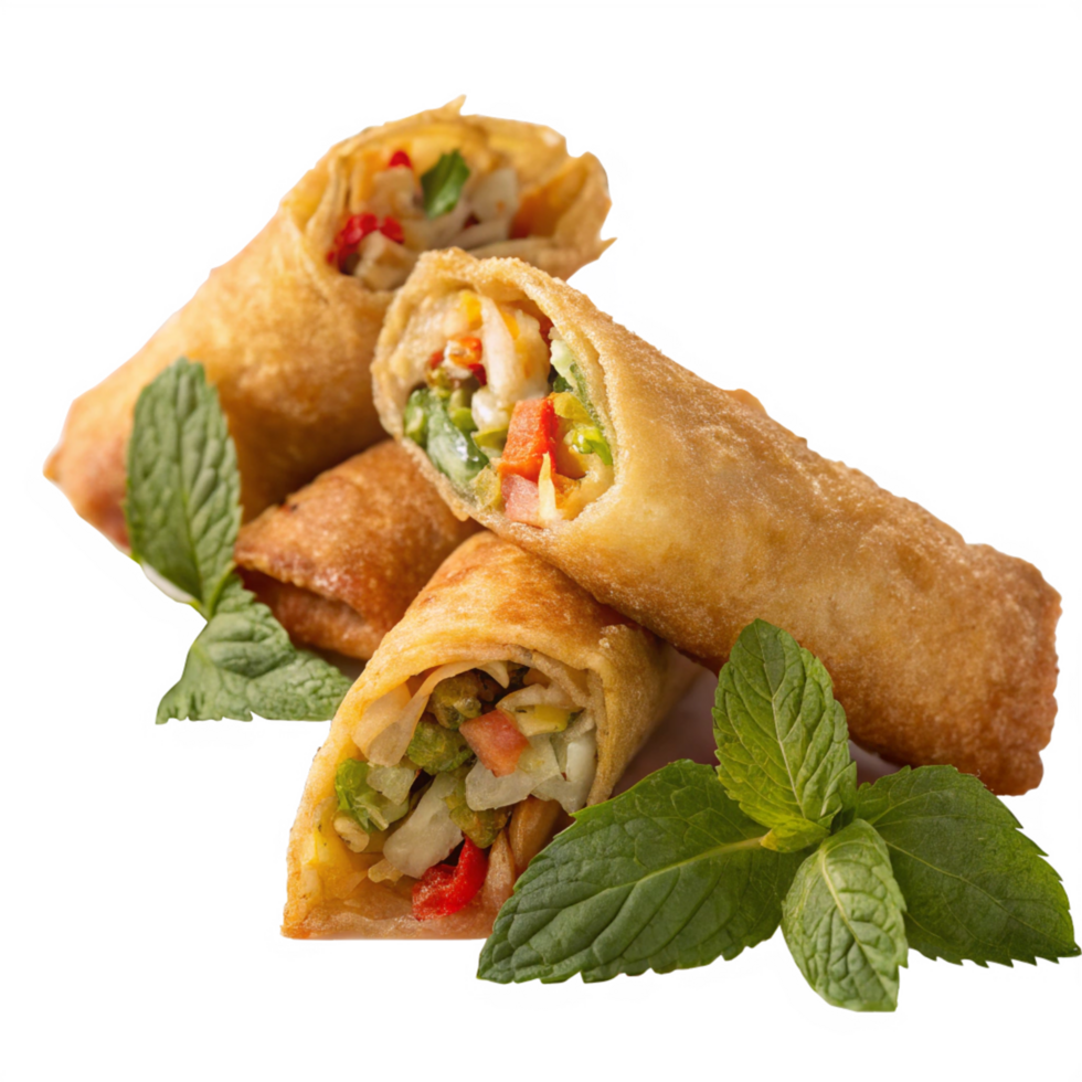 Fried Spring Rolls Assortment with Vegetables and Fresh Mint Leaves png