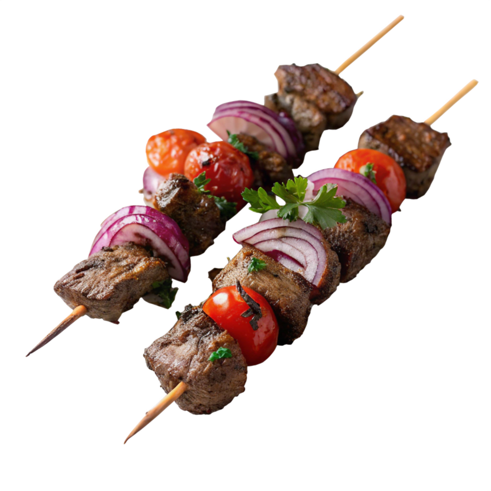 Grilled Meat Skewers Beef Cubes, Red Onion Slices, Cherry Tomatoes png