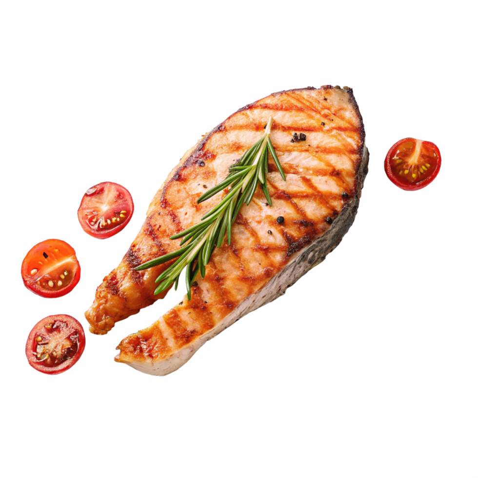 Grilled Salmon Steak with Rosemary Sprig and Cherry Tomato Slices png