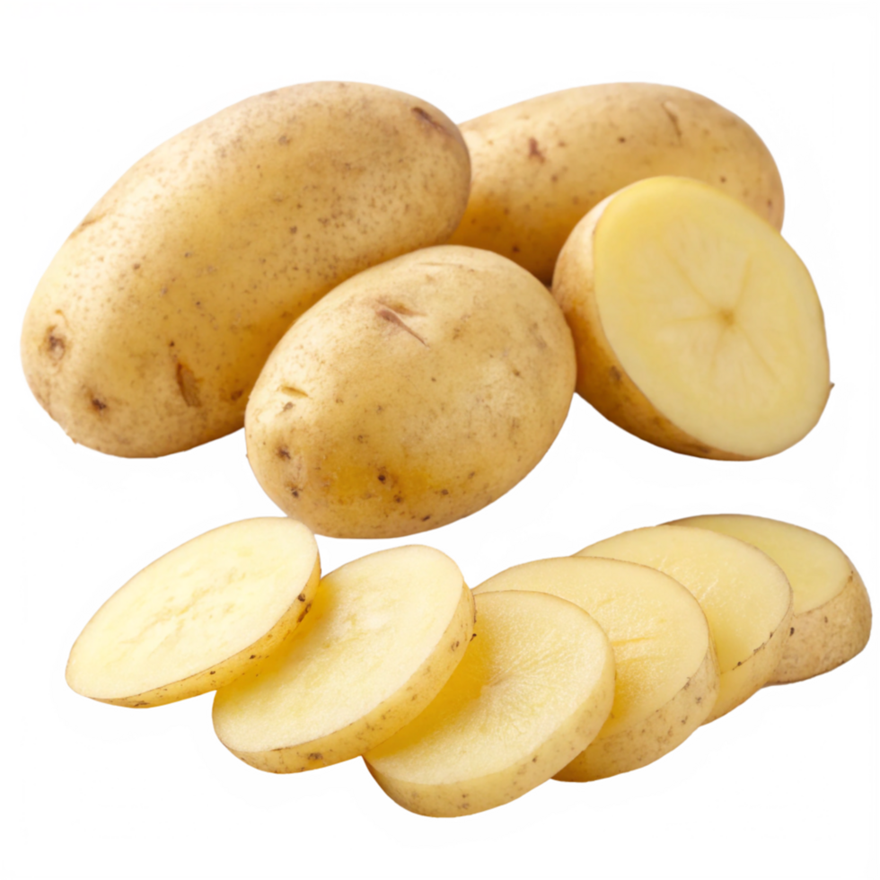 Group of Raw Potatoes with Slices, Close Up of Fresh Vegetables png