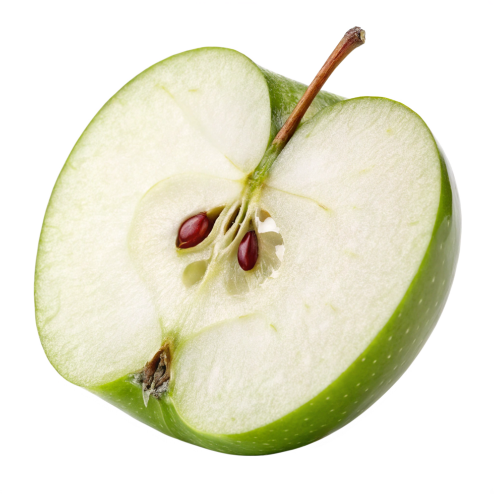 Half Green Apple Cut Detail, Juicy White Flesh, Seeds, Stem png