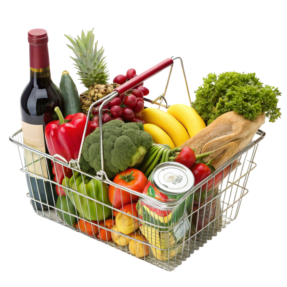 Metal Shopping Basket Filled With Colorful Assortment Of Groceries Produce Items png