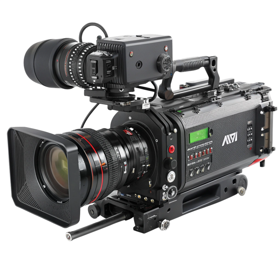 Professional Cinema Camera with Lens, Handle, and Viewfinder png