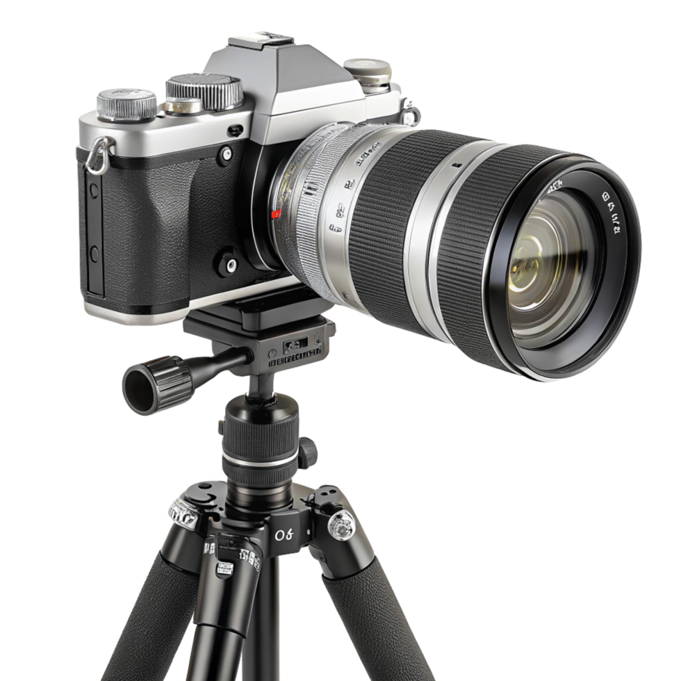 Silver Camera with Zoom Lens on a Black Tripod Setup png