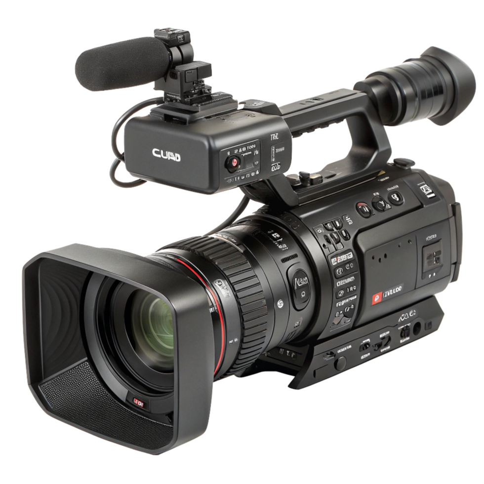 Professional Black Camcorder with External Microphone Studio Shot png