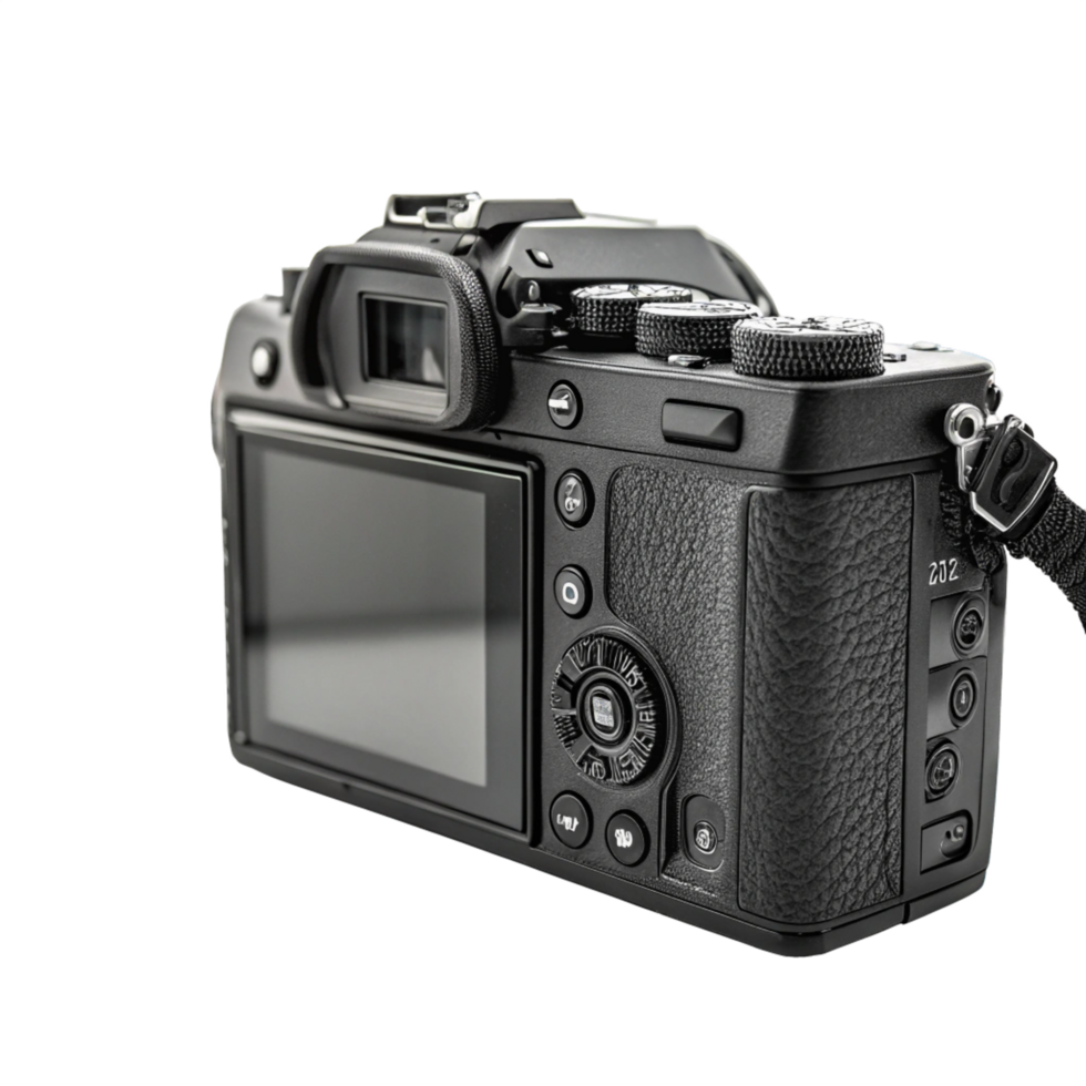 Sleek Mirrorless Camera with Textured Grip, Buttons, and LCD Screen png