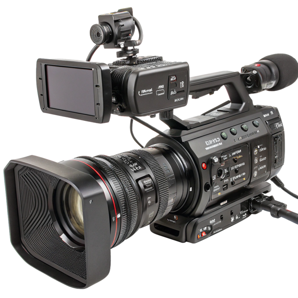 Professional broadcast camera with microphone, large lens, screen png