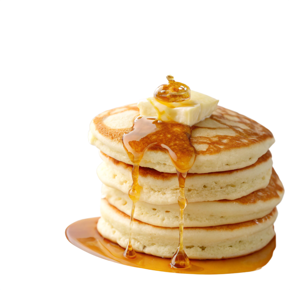 Stack of Golden Pancakes Topped with Butter and Drizzled Syrup png