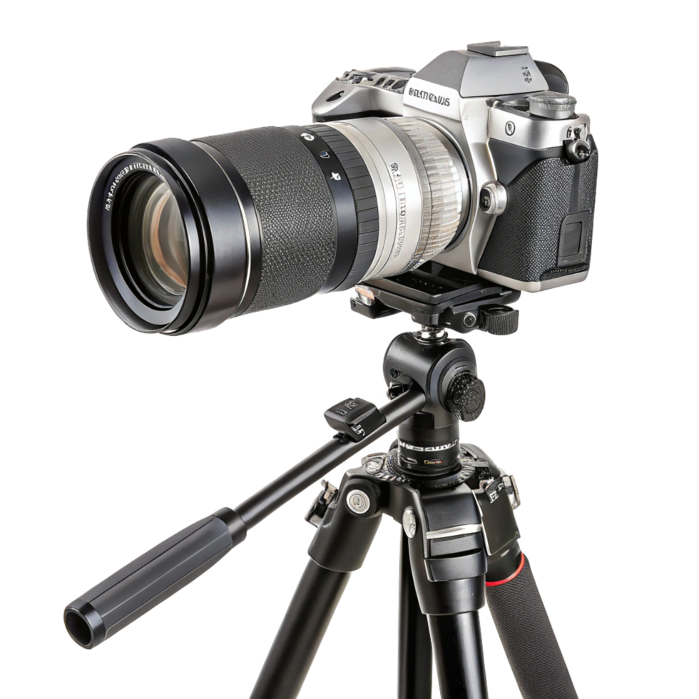 Silver DSLR Camera with Telephoto Lens mounted on Professional Tripod System png
