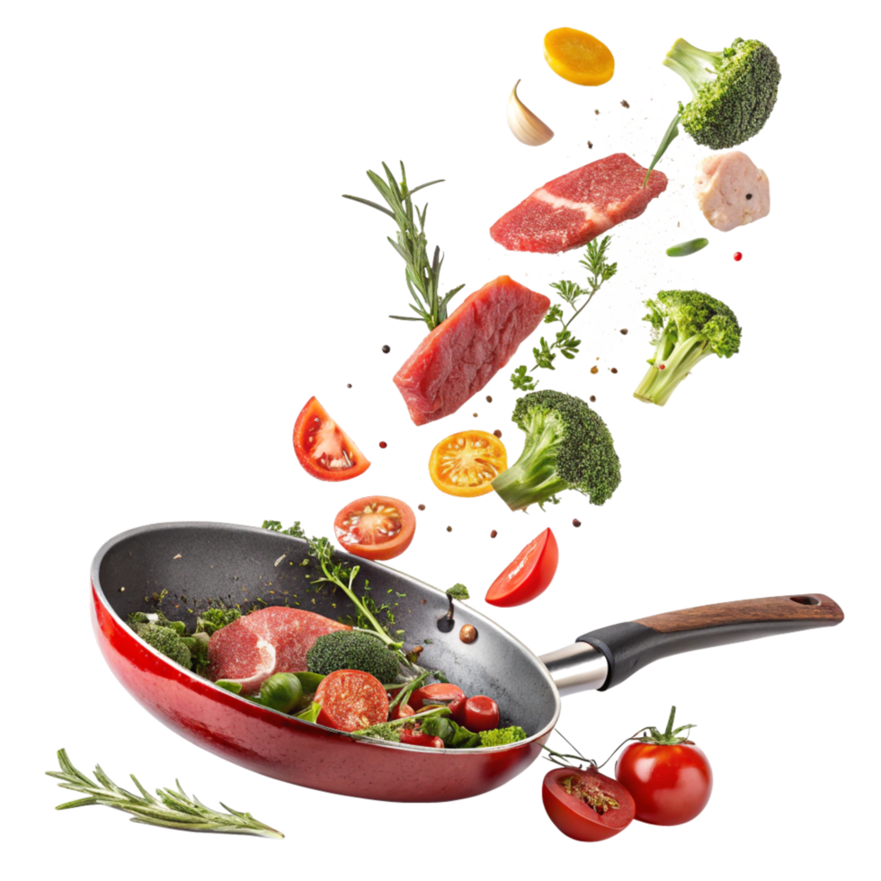 Frying Pan with Flying Slices of Meat, Tomato, Garlic, Broccoli, and Herbs png
