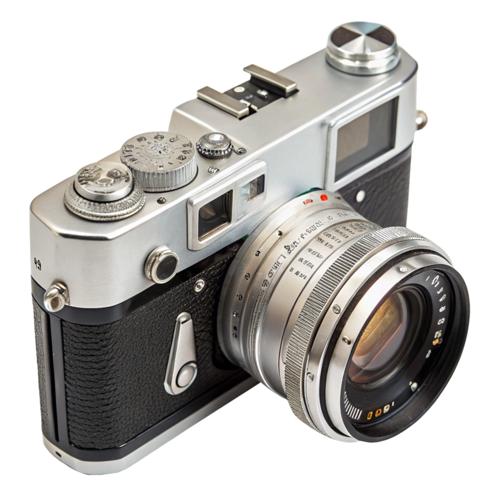 Silver and Vintage Rangefinder Camera with Lens png