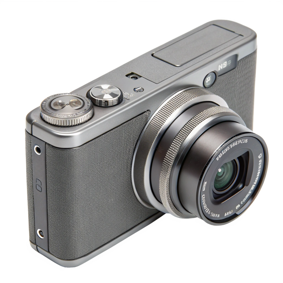 Sleek Gray Camera Closeup Displaying Intricate Lens png