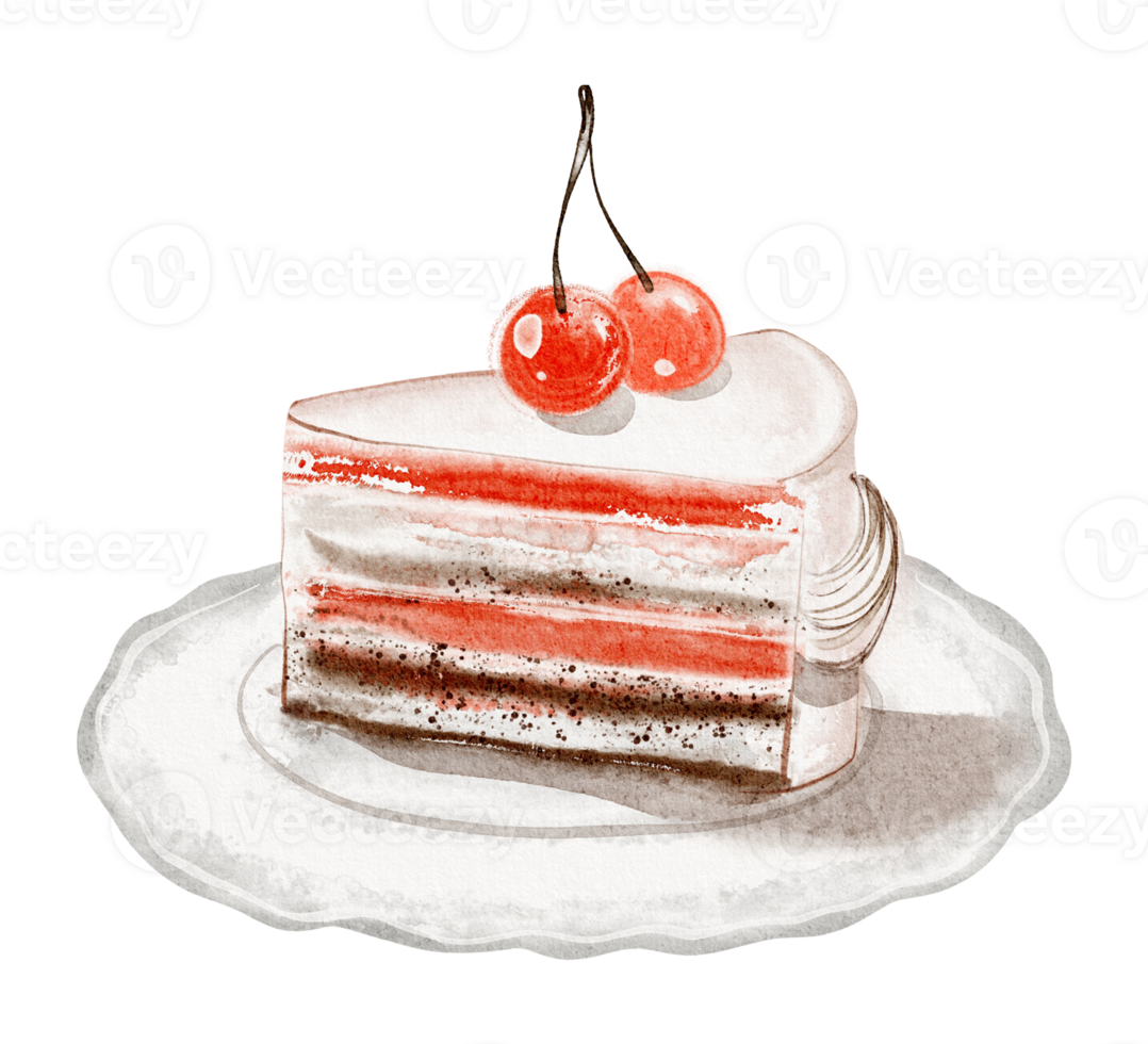 Watercolor illustration of a slice of sponge cake with frosting and a cherry capturing the elegance and sweetness of a wedding dessert. png