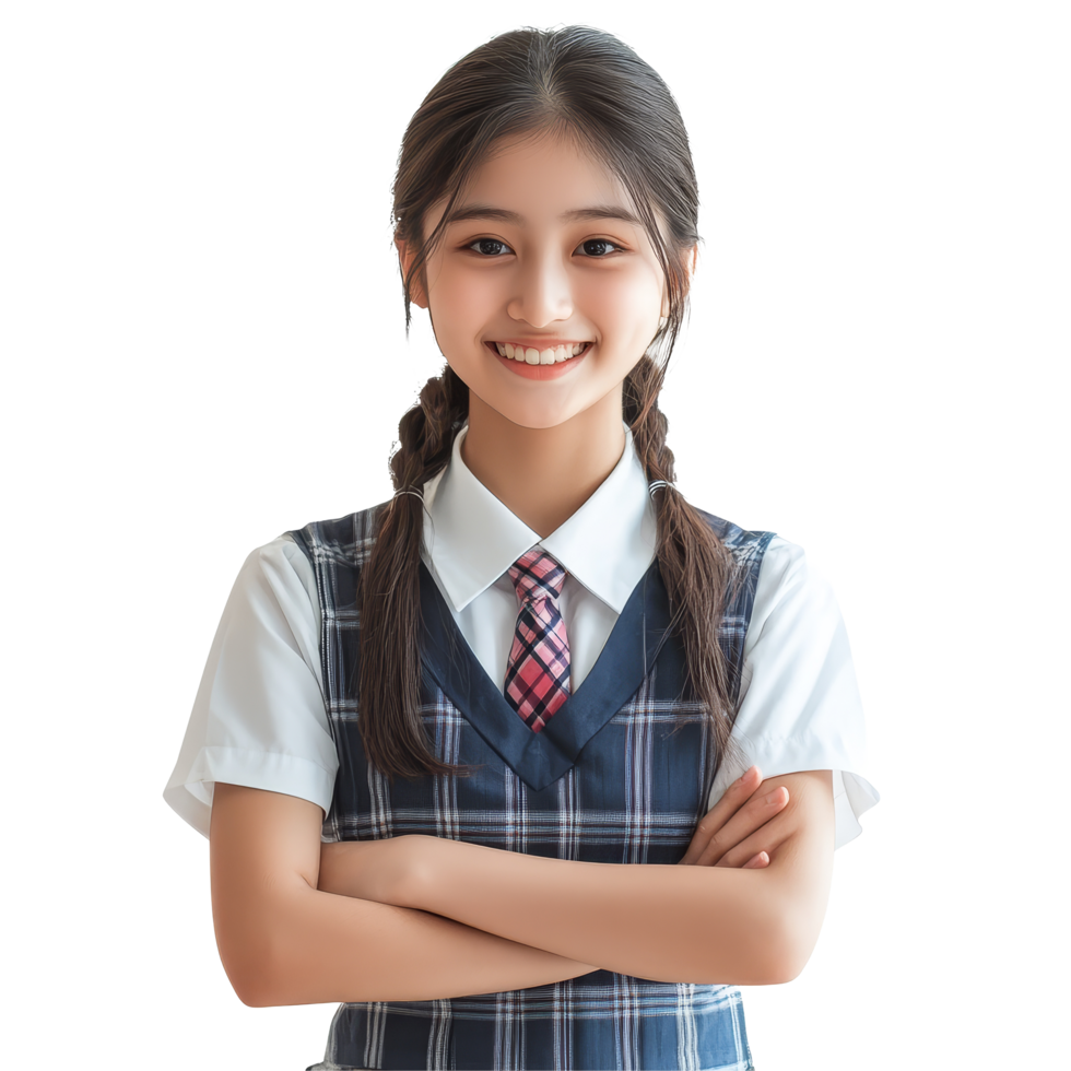 Happy Asian student girl wearing a school uniform, posing confidently with arms crossed in a bright classroom setting, Happy braces Asian student girl in school uniform arm crossed png