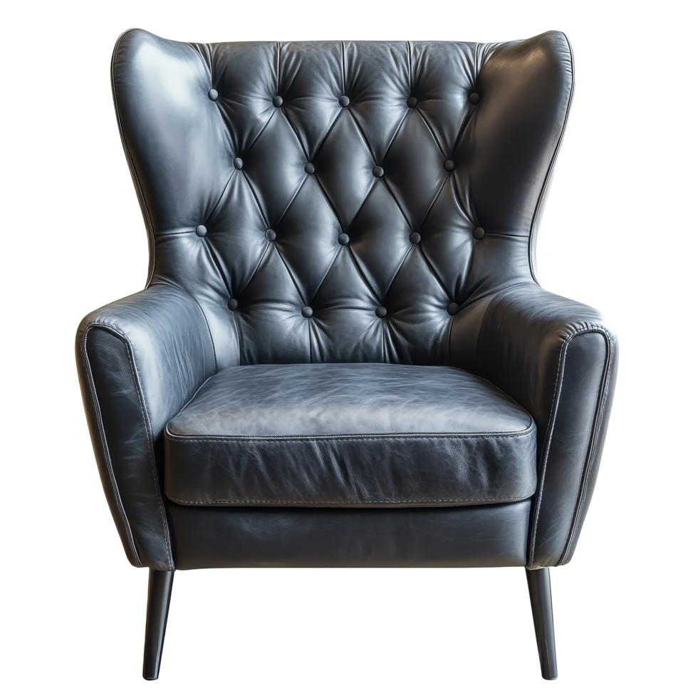 Elegant dark gray leather armchair showcasing tufted design in a minimalist setting with a bright background for a stylish touch, dark gray leather armchair isolated png