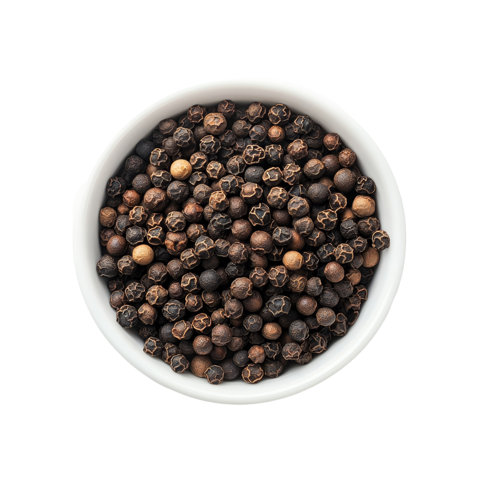 A transparent bowl filled with various peppercorns on a clean transparent background showcasing culinary elegance, peppercorn in transparent bowl on transparent background png