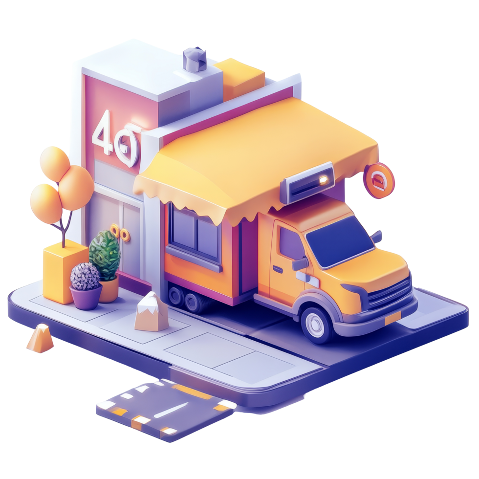 Express delivery service concept featuring a vibrant delivery van and urban storefront design, 24h express delivery service concept png