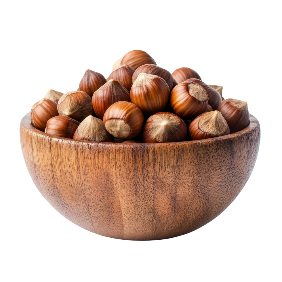 Hazelnuts in a wooden bowl isolated against a transparent background showcasing their natural beauty and texture, hazelnuts in wood bowl isolated on transparent background png