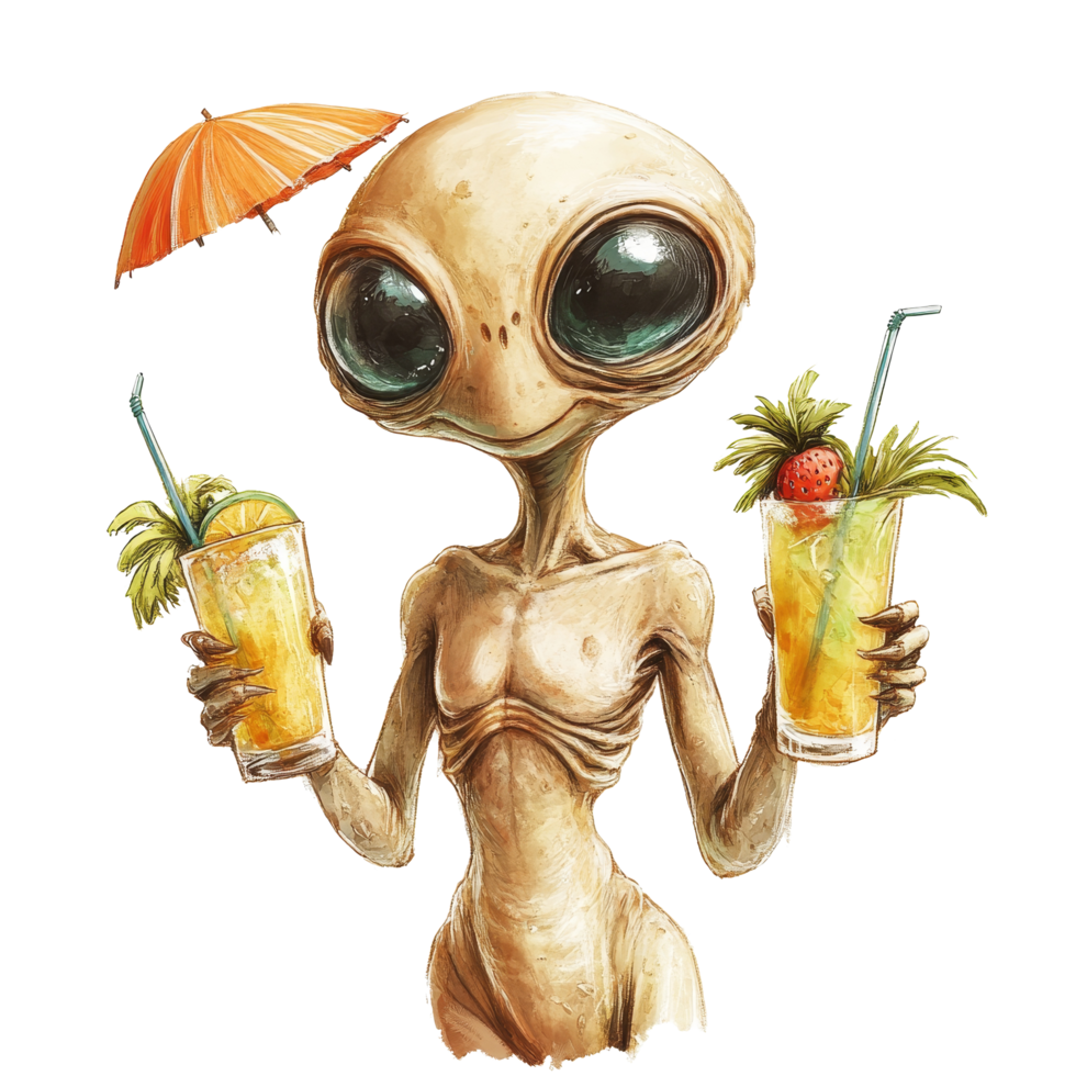 An extraterrestrial being enjoying tropical drinks under a summer sun with a cheerful vibe, Summer Vibe Extraterrestrial Being with Tropical Drinks On transparent background png