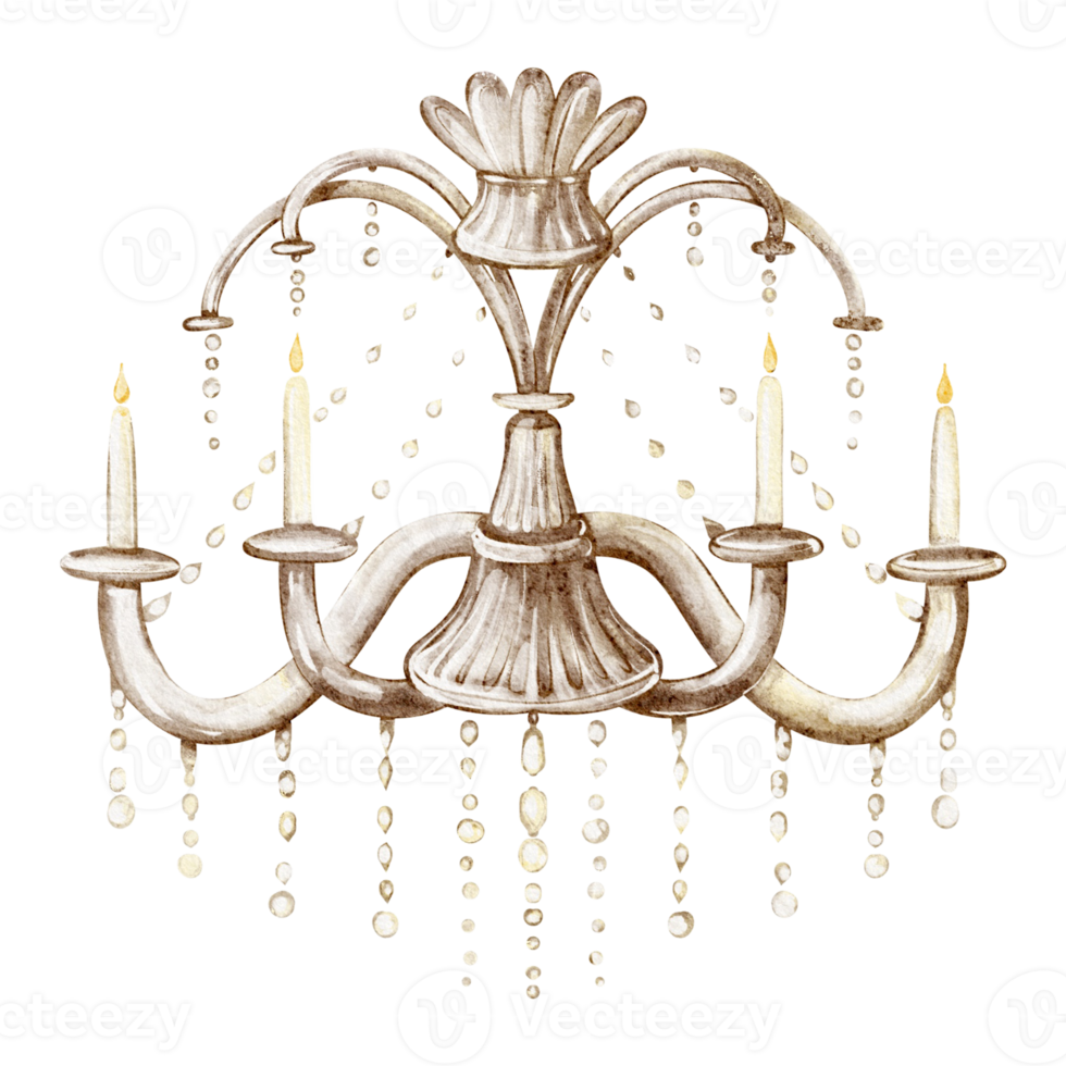 Watercolor illustration of an ornate Victorian chandelier with cut crystal details. Ceiling lamp sketch radiating opulent illumination. Classic decor piece for interiors and aristocratic style. png