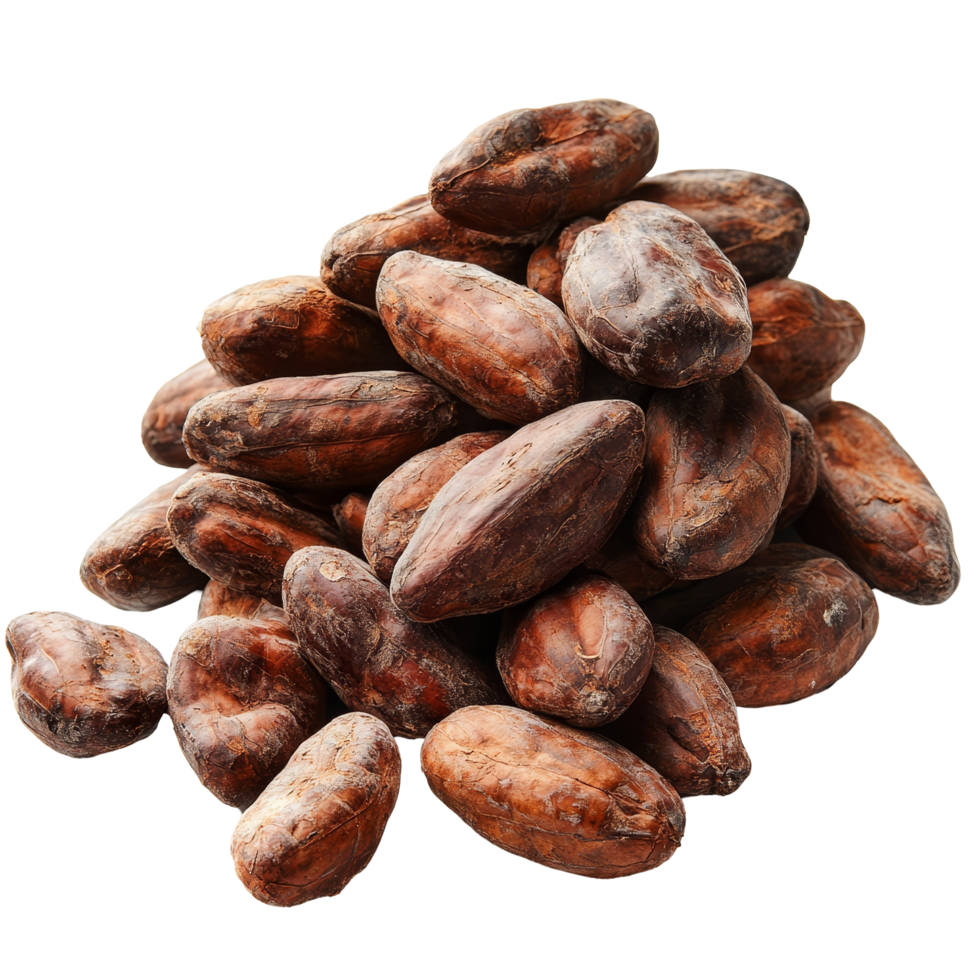 A closeup of a pile of cocoa beans isolated on a transparent background showcasing their rich texture and natural color, Pile of cocoa beans isolated on transparent background png