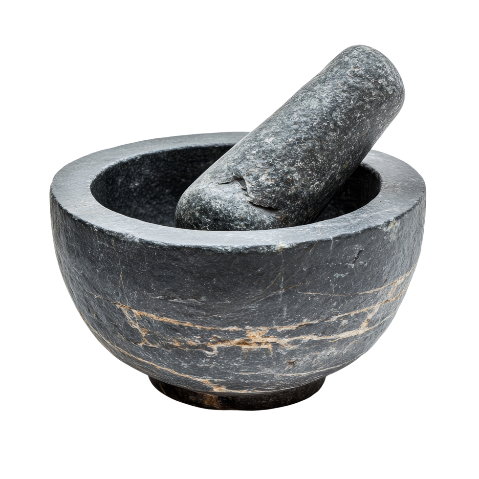 Stone mortar and pestle set for grinding spices on a clean transparent background in a kitchen setting, Stone Mortar and Pestle on transparent background png