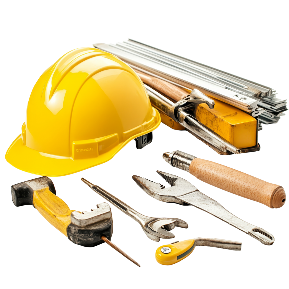 Construction tools and a safety helmet arranged neatly on a table with a transparent background showcasing essential equipment for building projects, Construction tools with safety helmet png