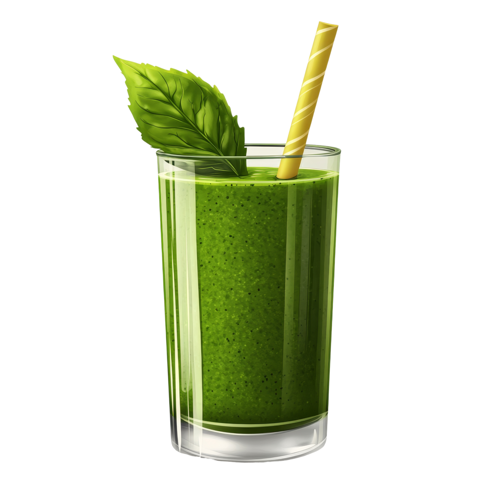 Fresh green smoothie in a glass with a straw and a mint leaf, perfect for a healthy snack, green smoothie, file of isolated object with shadow on transparent background png