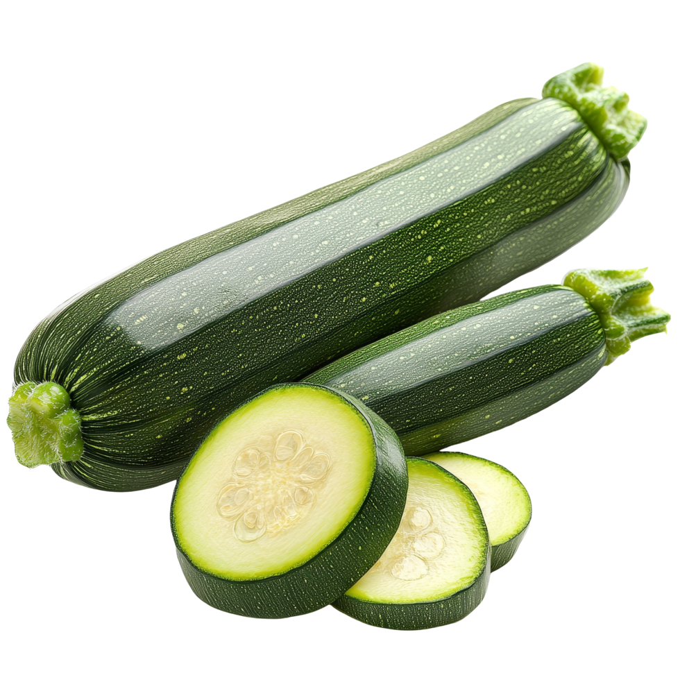 Fresh green zucchini with sliced pieces on a transparent background ready for culinary use and healthy cooking, fresh green zucchini with slice isolated on transparent background png