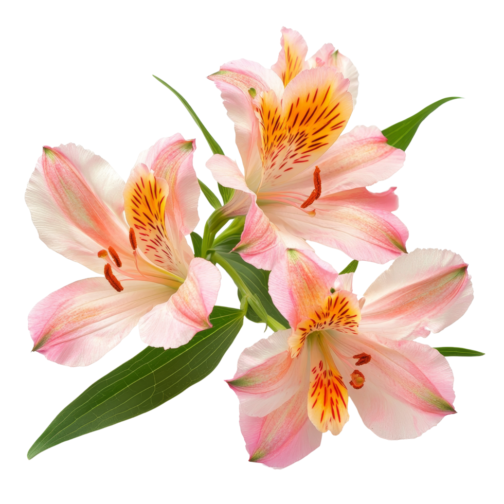 Fresh alstroemeria flowers in soft pink and transparent colors isolated on a pure transparent background, alstroemeria flowers isolated on transparent background cutout png