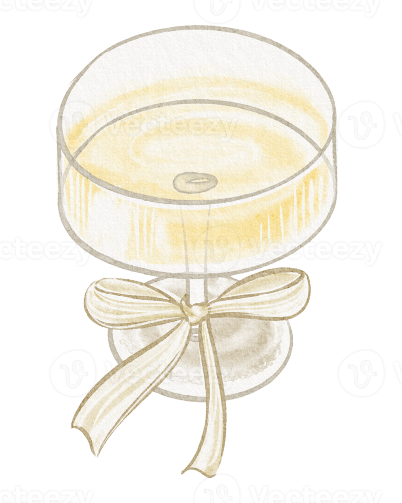 Watercolor illustration of a crystal wineglass filled with champagne. Drawing of a romantic cocktail for a wedding or anniversary celebration. png