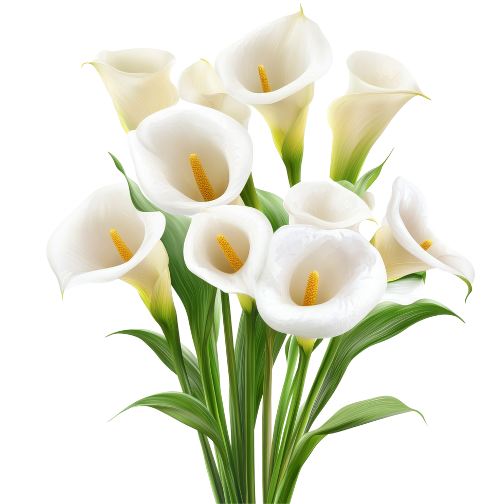 Elegant bouquet of transparent cala lilies isolated on a bright transparent backdrop, Bouquet of cala lily flowers, isolated on transparent background png