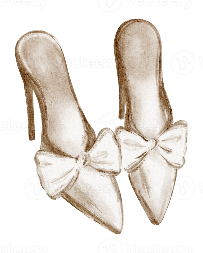 Watercolor illustration of elegant bridal shoes with bow. Artistic sketch of stylish heels perfect for weddings fashion and branding. Ideal for invitations gift cards and trendy mood boards. png