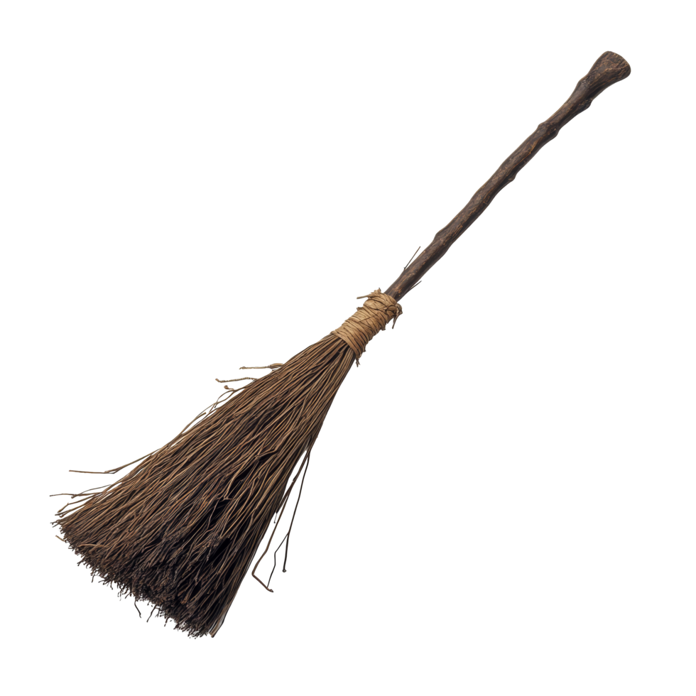 A rustic witchs broomstick with natural fibers for Halloween decor on a clean transparent background, witchs broom, file of isolated object on transparent background png