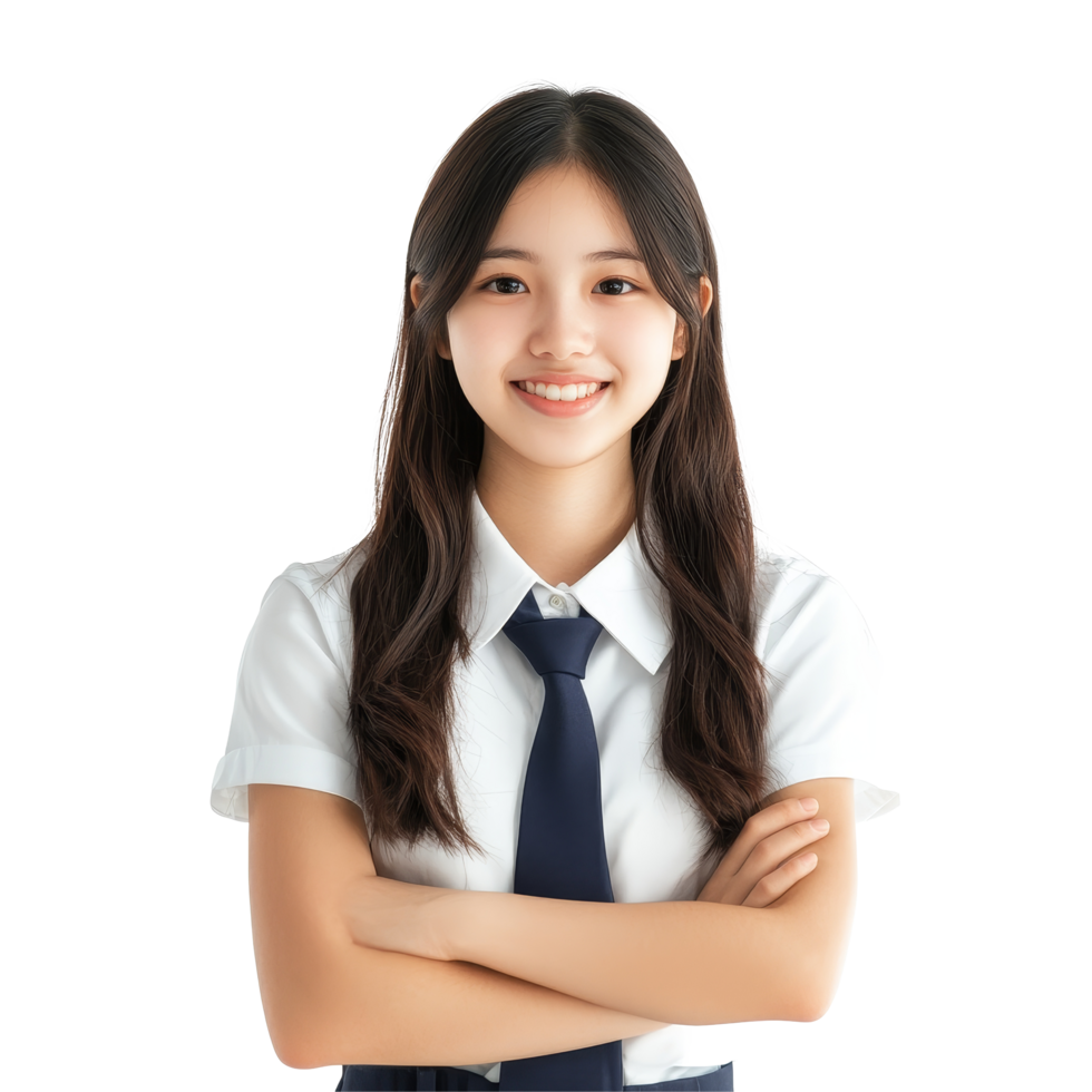 Happy Asian student in school uniform with arms crossed, smiling confidently in a bright setting, Happy pretty Asian student girl in school uniform isolated transparent background png