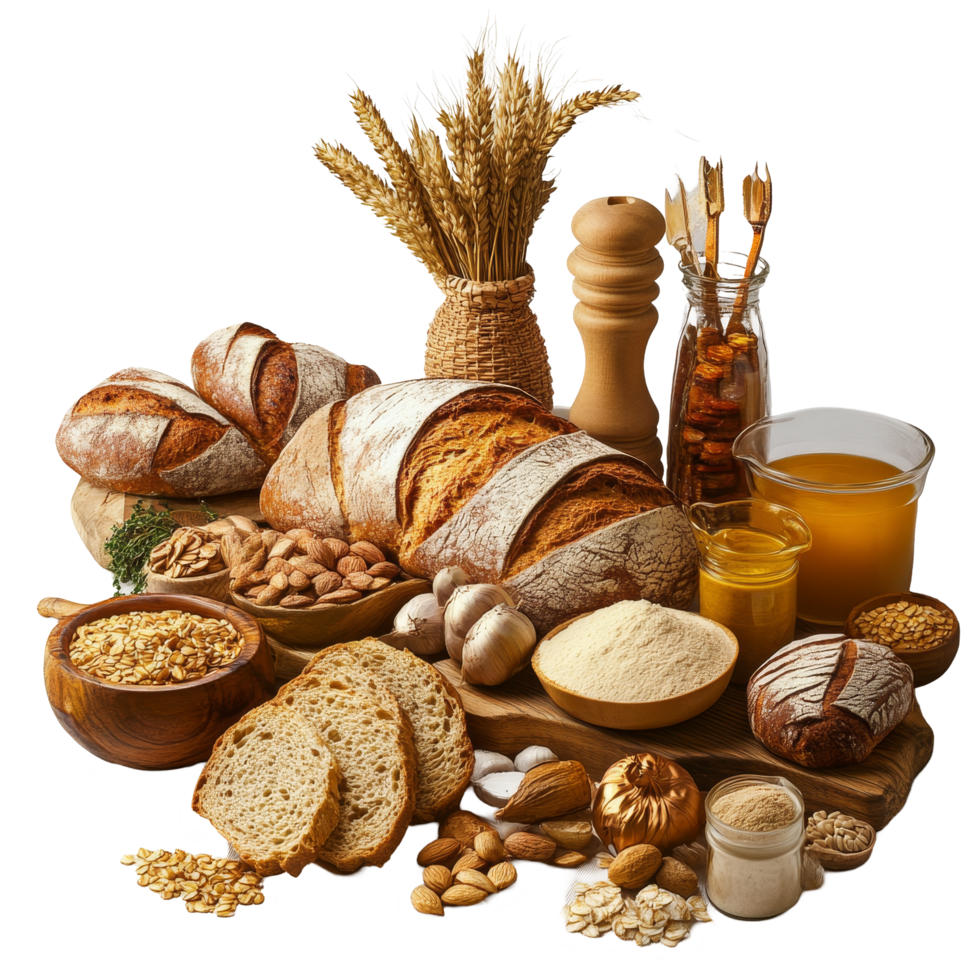 Assorted bread and fresh ingredients displayed on a wooden board with natural lighting, Bread and others ingredient png