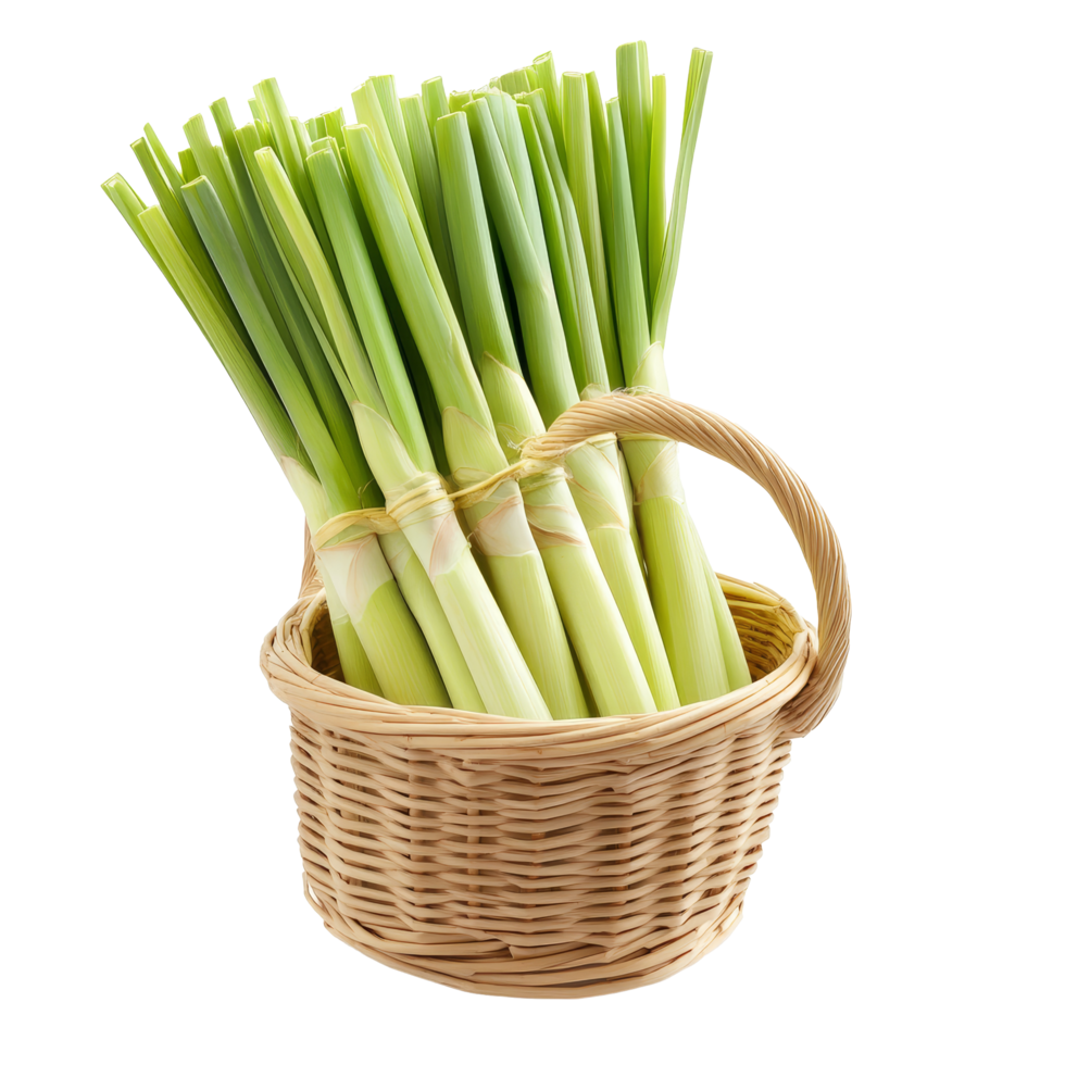 Freshly sliced lemongrass arranged in a woven basket on a clean transparent background for culinary use, slice lemongrass in basket isolated on transparent background png