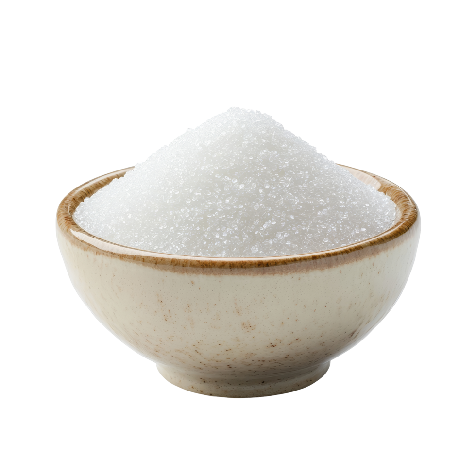 Ceramic bowl filled with transparent sugar on a clean transparent background, perfect for culinary uses and baking needs, sugar in ceramic bowl on transparent background png