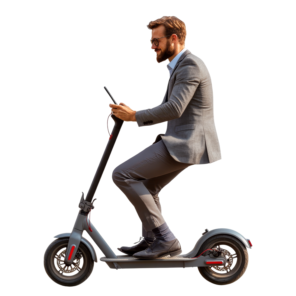 A businessman rides a scooter for convenient urban travel during the day in a modern city setting, file no background Businessman riding a scooter and using his smartphone png