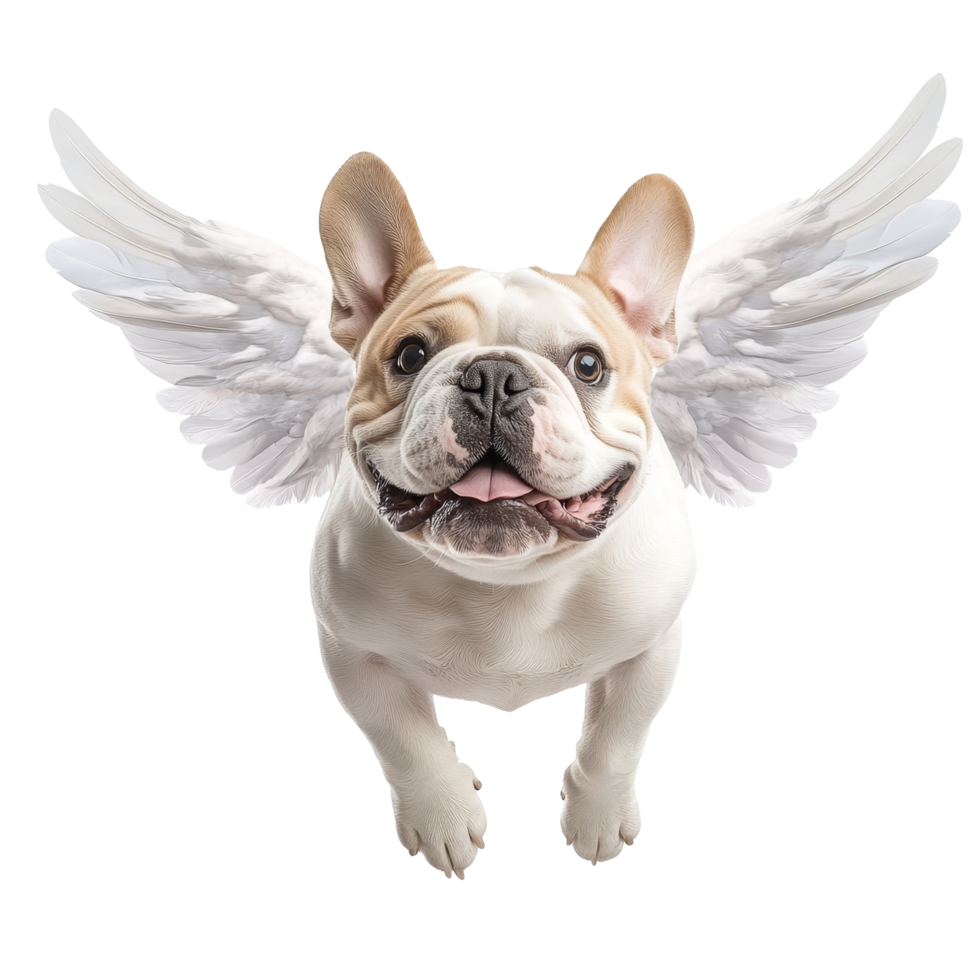 A joyful bulldog soaring with angel wings in a bright, airy setting perfect for whimsical art lovers, Bulldog Flying with Angel Wings on transparent background png