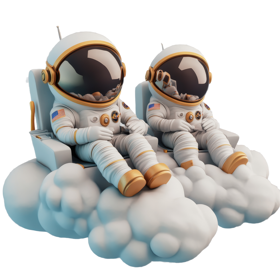 Cartoon astronauts sitting and relaxing on fluffy clouds during a peaceful day in space, 3D Cartoon Astronauts Relaxing on Clouds on Transparent Background png