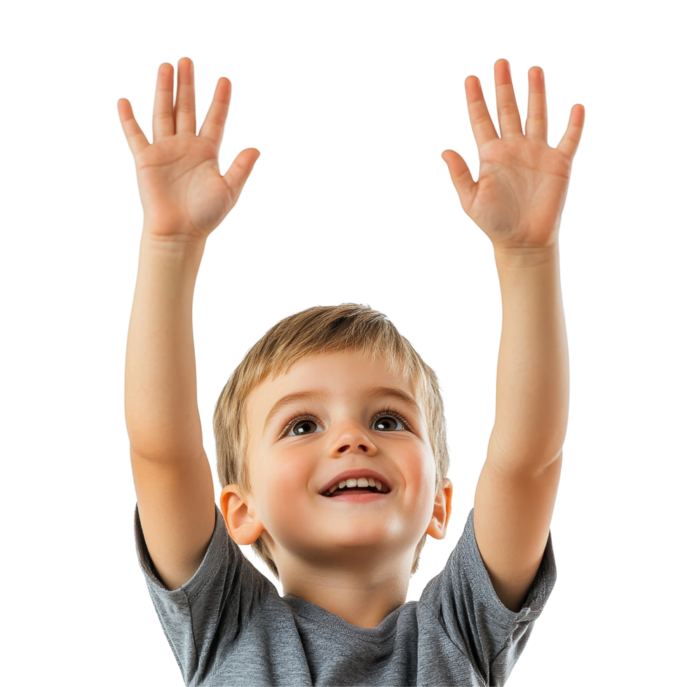 A cheerful boy student eagerly raises his hands in excitement against a transparent background, Boy Student Raising Hands on transparent background png