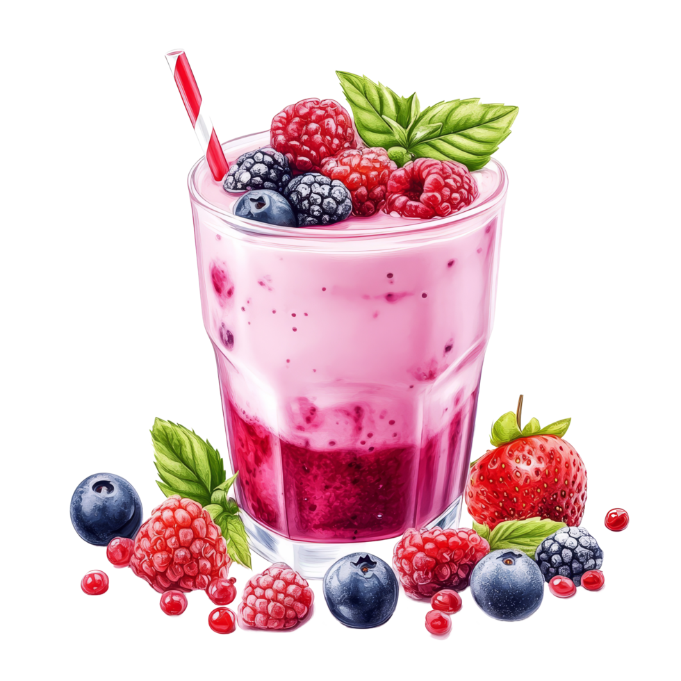 Delicious mixed berries yogurt drink with fresh fruits and mint leaves presented in a clear glass, Mixed berries yogurt drink isolated png