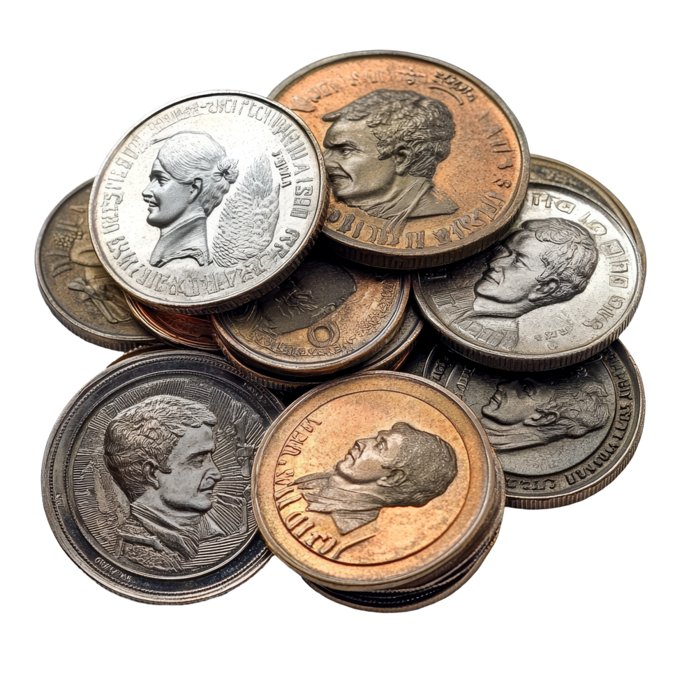 Thai coins piled on a transparent background showcasing the diverse currency of Thailands economy and culture, Thai coins isolated on transparent backgroundfile png