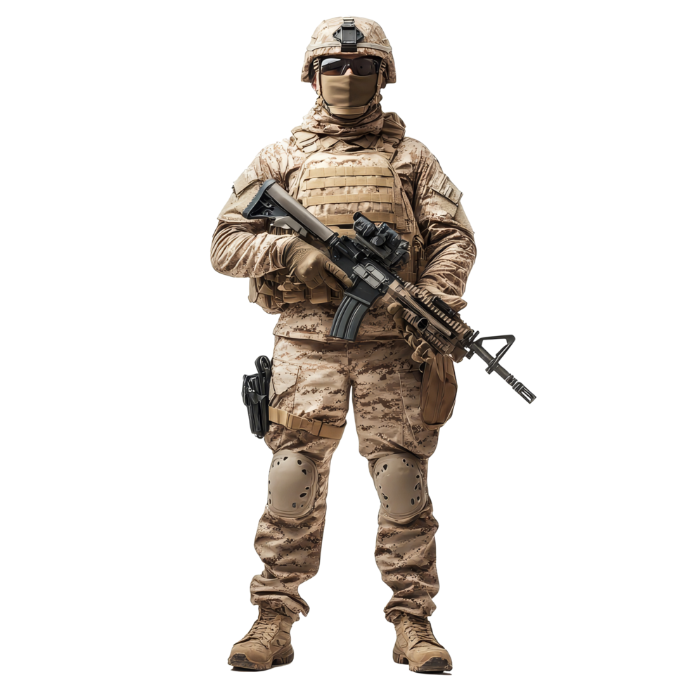 Fully geared soldier stands confidently with a rifle against a plain transparent background during daytime training session, Fully Geared Soldier Holding Rifle on transparent background png