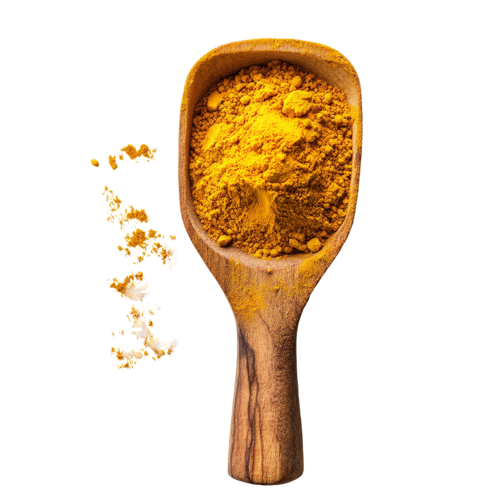 Turmeric powder in a wooden scoop displayed on a clean transparent backdrop highlighting its vibrant color and texture, Turmeric powder in wood scoop on transparent background png