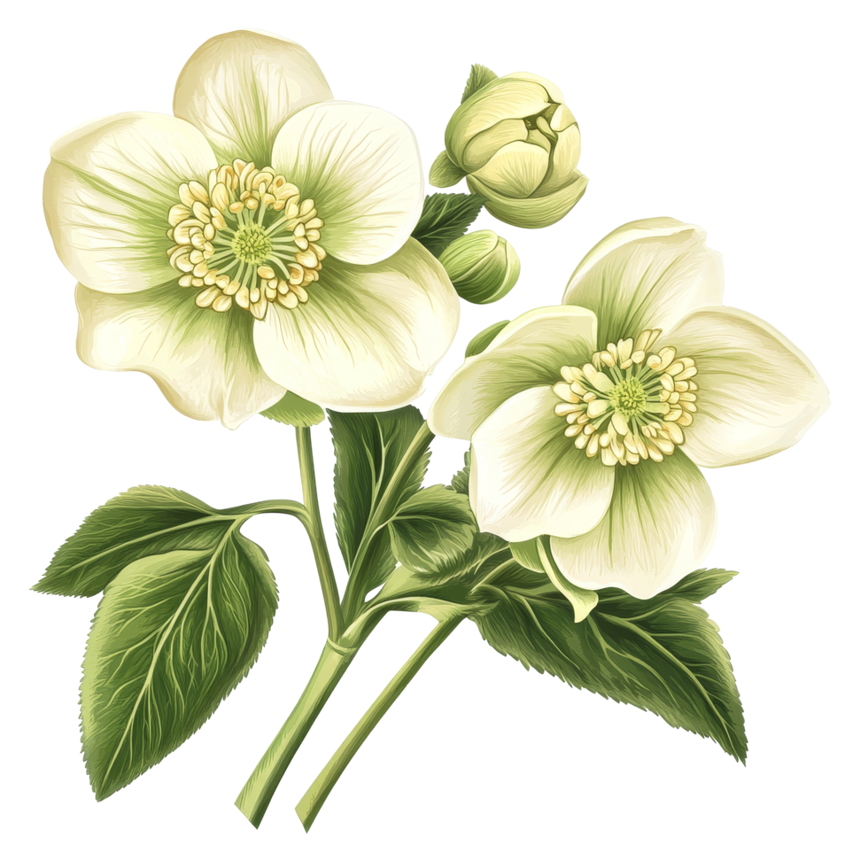 Hellebore flowers clipart with delicate transparent blooms and green leaves isolated on a clean transparent background, hellebore flowers isolated on transparent background png