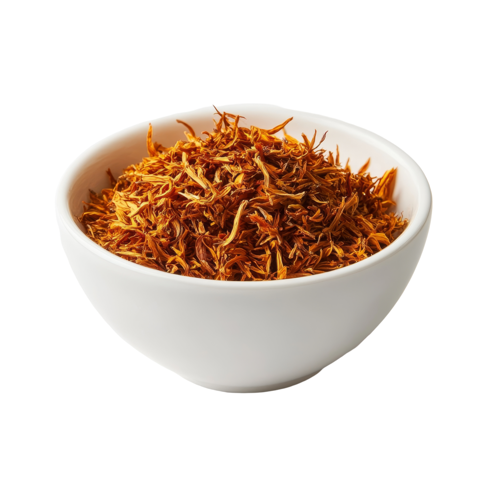 Dried safflower petals in a transparent bowl on a transparent background showcasing natural colors and textures, dried safflower in transparent bowl on transparent background png